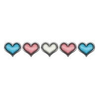 Five Transgender pride flag colored hearts with chrome frames.