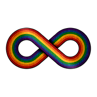 Large infinity symbol made out of LGBT pride rainbow stripes.