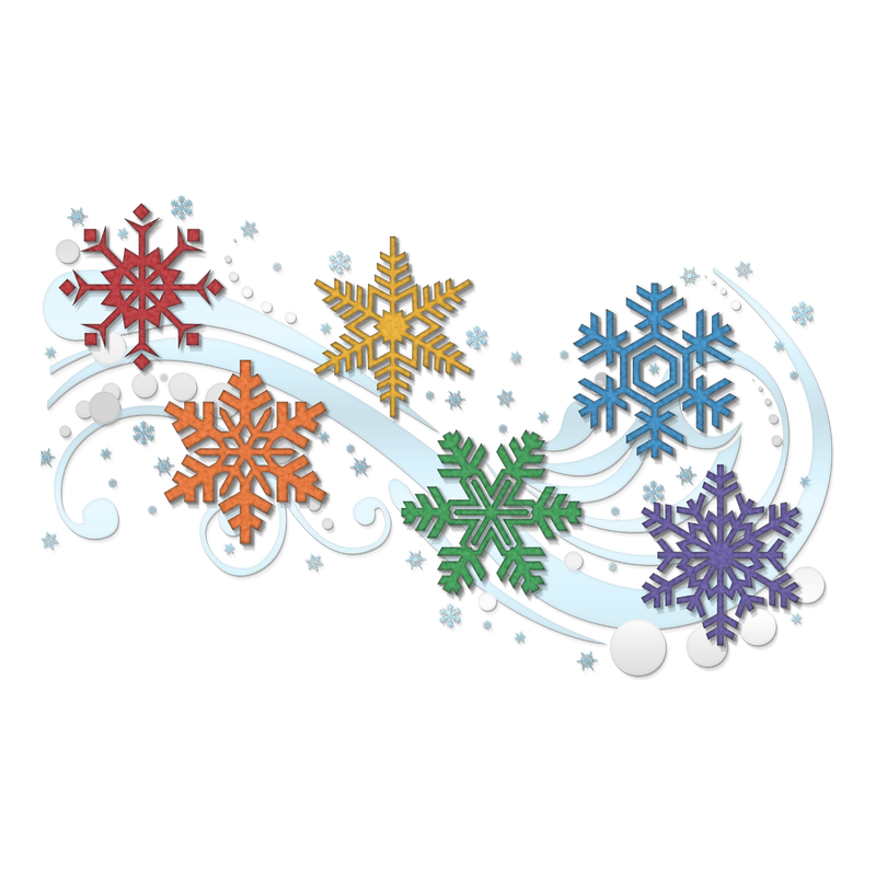 Six rainbow-colored snowflakes blowing in the wind.