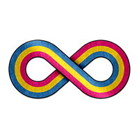 Large infinity symbol made out of Pansexual pride flag stripes.