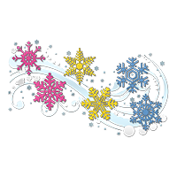 Six Pansexual pride flag colored snowflakes blowing in the wind.