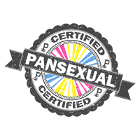 Certified stamp of approval with Pansexual flag colored starburst and Pansexual text.