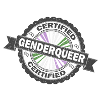 Certified stamp of approval with Genderqueer flag colored starburst and Genderqueer text.