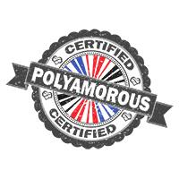 Certified stamp of approval with Polyamory flag colored starburst and Polyamory text.