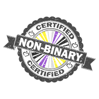Certified stamp of approval with Non-Binary flag colored starburst and Genderqueer text.