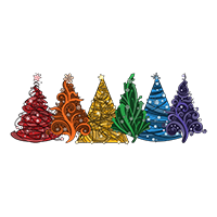Six rainbow-colored abstract Christmas trees.