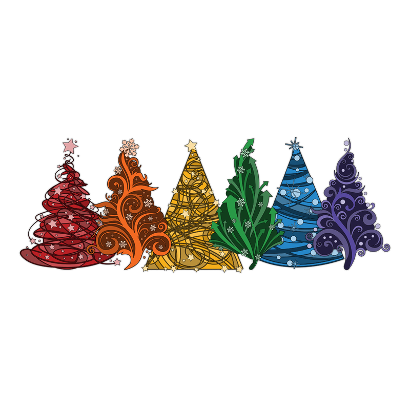 Six rainbow-colored abstract Christmas trees.