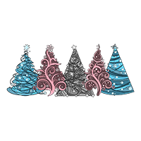 Five Transgender flag colored abstract Christmas trees.