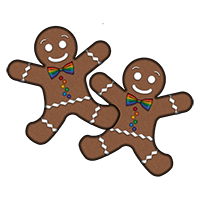 Two overlapping, gay pride, gingerbread men with rainbow-colored bowties and buttons.