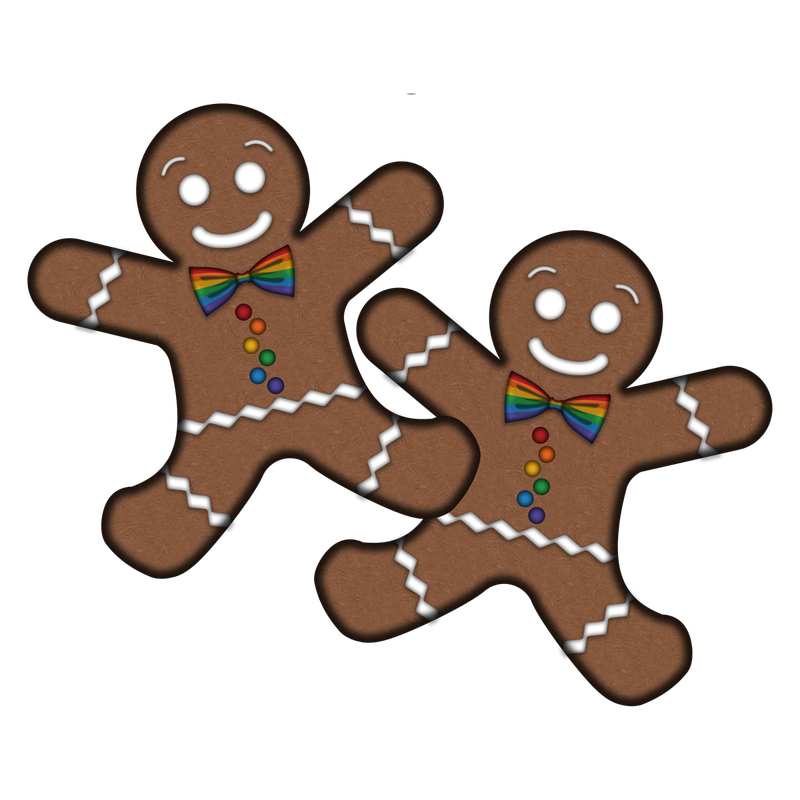 Two overlapping, gay pride, gingerbread men with rainbow-colored bowties and buttons.