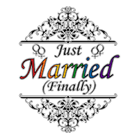Just Married Finally, lesbian pride, rainbow text with black and white elemental flourishes.
