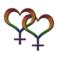 Two rainbow-colored, overlapping, heart-shaped, lesbian pride, female gender symbols.