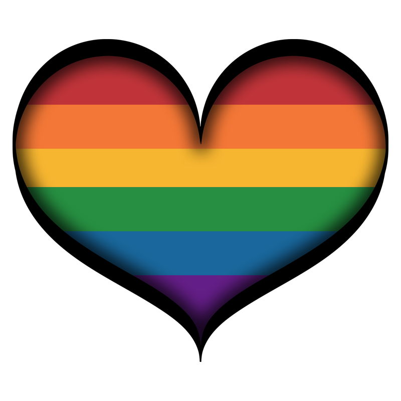 Large gay pride heart in LGBT rainbow colors with black frame.