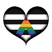Large heart in LGBT Ally pride flag colors with black frame.