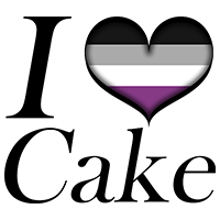 I Heart Cake text with Large heart in Asexual pride flag colors.