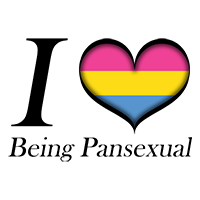 I Heart Being Pansexual text with Large heart in Pansexual pride flag colors.