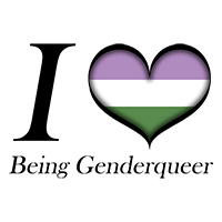 I Heart Being Genderqueer text with Large heart in Genderqueer pride flag colors.