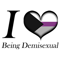 I Heart Being Demisexual text with Large heart in Demisexual pride flag colors.
