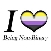 I Heart Being Non-Binary text with Large heart in Non-Binary pride flag colors.