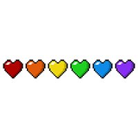 Six pixel hearts, stacked side by side, each heart is a separate color of the LGBT Rainbow pride flag