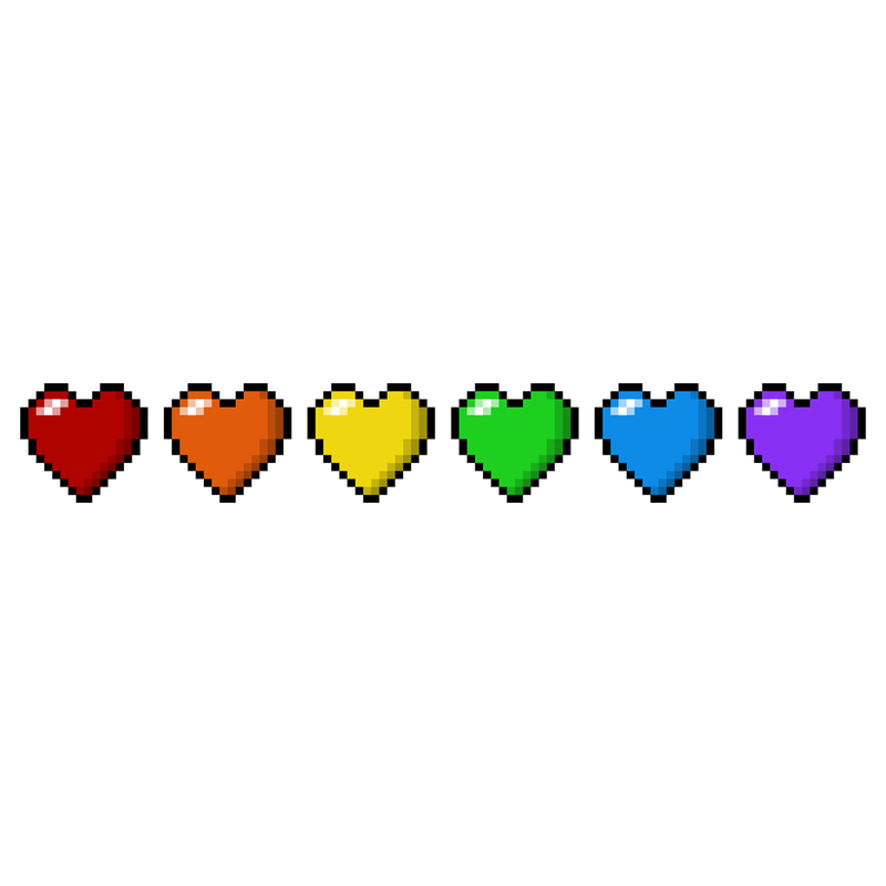 Six pixel hearts, stacked side by side, each heart is a separate color of the LGBT Rainbow pride flag