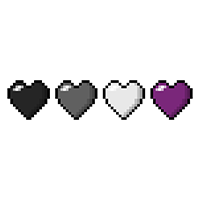 Four pixel hearts, stacked side by side, each heart is a separate color of the Asexual pride flag
