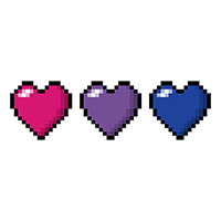 Three pixel hearts, stacked side by side, each heart is a separate color of the Bisexual pride flag