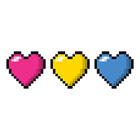 Three pixel hearts, stacked side by side, each heart is a separate color of the Pansexual pride flag