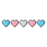Five pixel hearts, stacked side by side, each heart is a separate color of the Transgender pride flag.