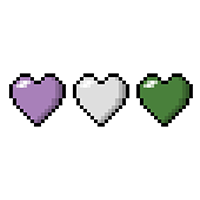 Three pixel hearts, stacked side by side, each heart is a separate color of the Genderqueer pride flag