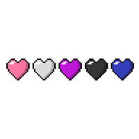 Five pixel hearts, stacked side by side, each heart is a separate color of the Gender Fluid pride flag