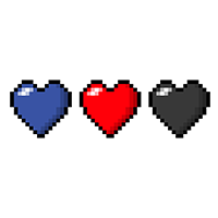 Three pixel hearts, stacked side by side, each heart is a separate color of the Polyamory pride flag