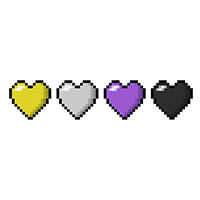Five pixel hearts, stacked side by side, each heart is a separate color of the Non-Binary pride flag