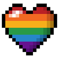 Large heart made of pixels in the colors of the LGBT rainbow pride flag.
