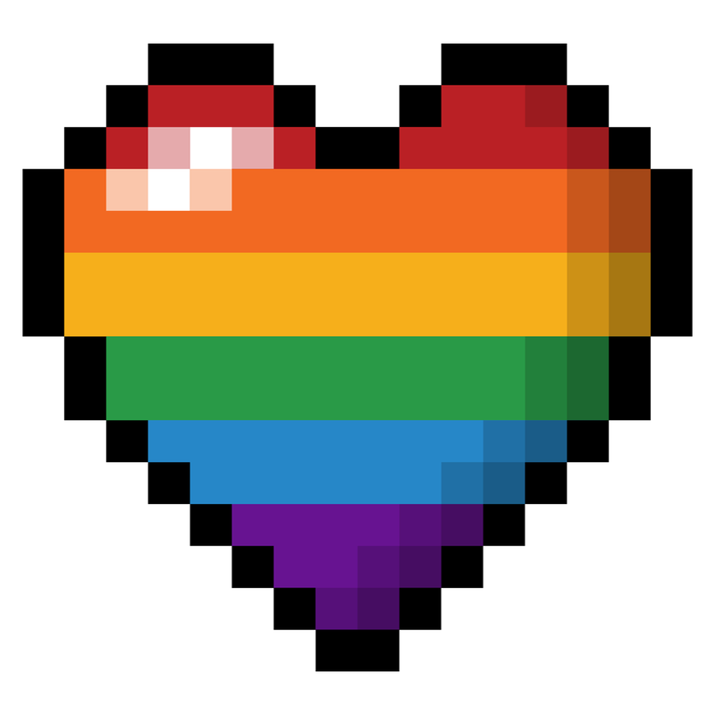 Large heart made of pixels in the colors of the LGBT rainbow pride flag.