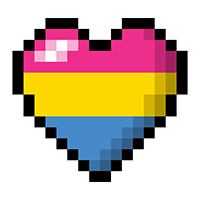 Large heart made of pixels in the colors of the Pansexual pride flag.