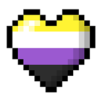 Large heart made of pixels in the colors of the Non-Binary pride flag.