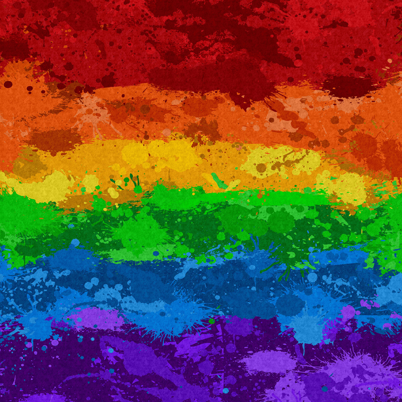 Large high-resolution LGBT rainbow pride flag made of paint splatter and drips.