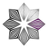 Starburst made of lined shapes in alternating colors of the Demisexual pride flag.