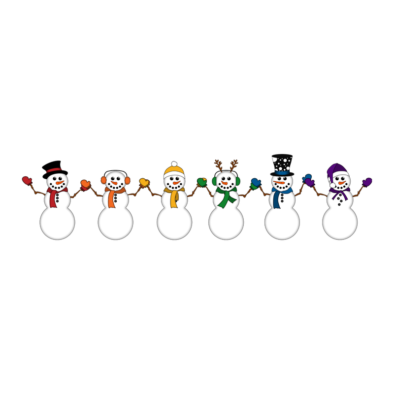 Six snow people with, LGBT pride, rainbow-colored hats and mittens.