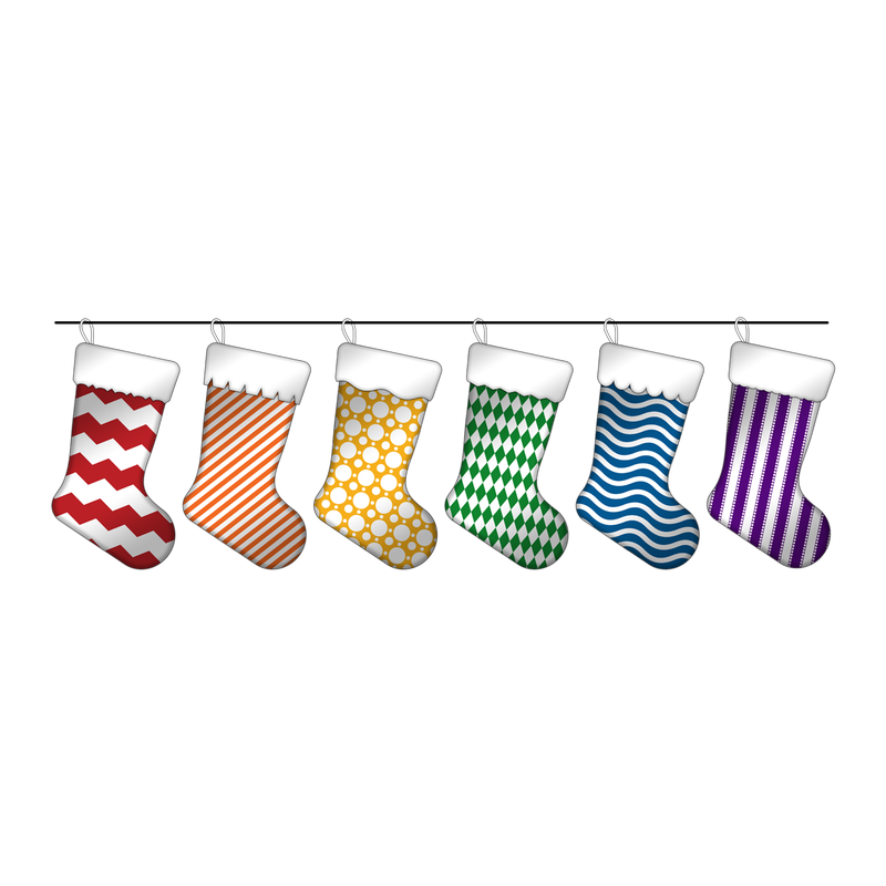 Six LGBT rainbow pride stockings, with various textures, hung side by side.