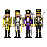 Five Christmas nutcrackers filled with the colors of the Non-Binary pride flag.