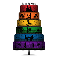 six-tiered, lesbian pride, wedding cake. Each tier is a different color of the rainbow with silhouette love scenes.