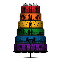 six-tiered, gay pride, wedding cake. Each tier is a different color of the rainbow with silhouette love scenes.