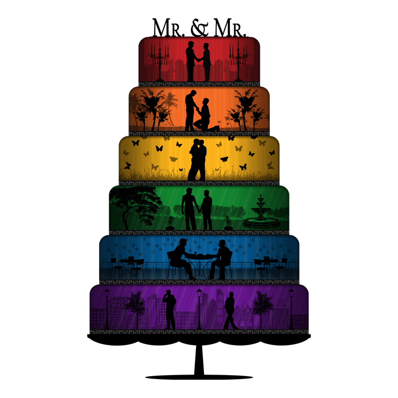 six-tiered, gay pride, wedding cake. Each tier is a different color of the rainbow with silhouette love scenes.