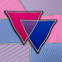 Large Bisexual pride triangles on a background of halftone shaded Bisexual pride flag colors.