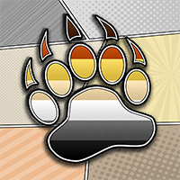 Large Gay Bear paw on a background of halftone shaded Gay Bear pride flag colors.