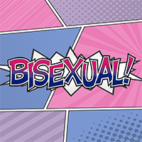 Bisexual text in comic book style font with starburst on a background of halftone shaded Bisexual pride flag.