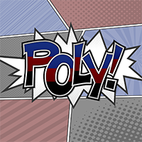 Poly text in comic book style font with starburst on a background of halftone shaded Polyamory pride flag.