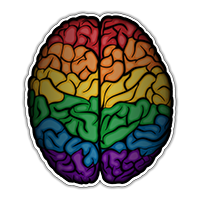 Large realistic brain filled with the colors of the LGBTQ rainbow pride flag.